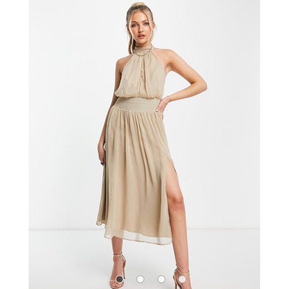 ASOS Halter Maxi Dress Chain Neck Smocked Waist Side Slit Casual Wedding, Size 8 - Picture 1 of 10